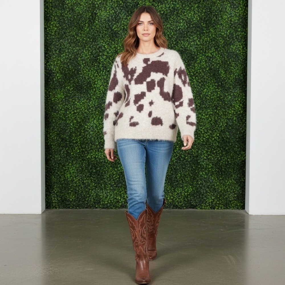 Zara Womens Cow Print Fuzzy Knit Sweater Brown Cream Oversized 2893/357/712 L